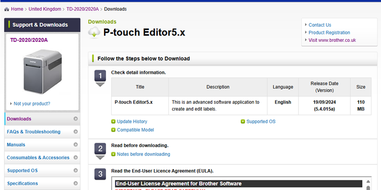 A screen shot of the Ptouch editor download page
