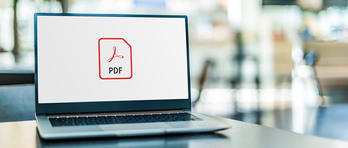 Un oridnateur portable est posé sur un bureau. Sur l'écran on peut voir le logo PDF.