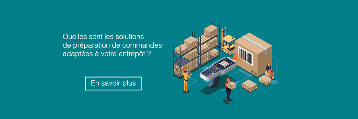 A banner image contains the copy "What picking solution is right for your distribution warehouse?" with "Find out in our report" written underneath. An image shows a logistics scene in a warehouse as staff scan in parcels and transport or organise stock. 